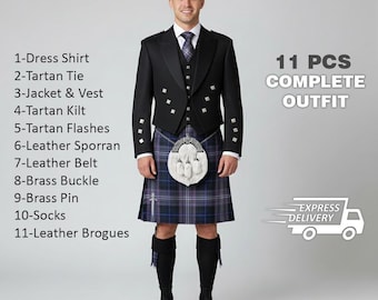 Custom Mens Kilt Outfit 11 PCS Scottish Wedding Kilt Set Available in 60+ Tartans Plaids Handmade Highland Custom Kilts Groom Outfits Men