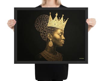 Peut inclure: Impression d'art encadrée représentant une femme de profil, ornée d'une couronne, de boucles d'oreilles et d'un collier dorés. L'œuvre utilise des tons dorés sur un fond noir. L'impression est dans un cadre noir.