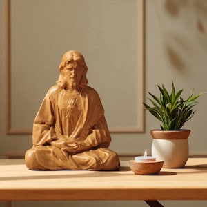 Sacred Heart Jesus Statue – Hand-Carved Wood Christian Decor| Religious Figurine for Prayer Room, Altar, Catholic Gift, Spiritual Home Decor