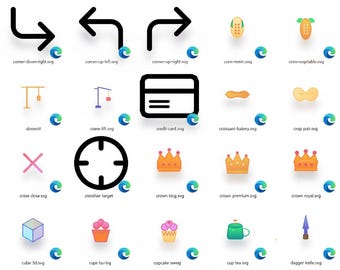 May include: A collection of vector graphics and icons on a white background. The icons include arrows, a credit card, crowns, a crystal ball, a cupcake, a teacup, and a target. Each icon has a corresponding text label.