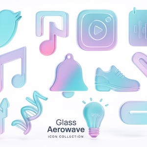 Puede incluir: Colección de iconos de cristal con gradiente de color, que incluyen un pájaro, notas musicales, logotipos de redes sociales, un calendario, una campana, una zapatilla deportiva, una hebra de ADN, una casa, una bombilla y un rectángulo horizontal. El texto "Glass Aerowave Icon Collection" está en la parte inferior.