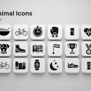May include: A collection of 8000+ minimal black icons on white square backgrounds. The icons represent various themes, including sports, health, and lifestyle. The image includes text that reads "8000+ Minimal Icons" and "Black Minimal Icon Pack".