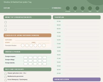 May include: A green and white ADHS Tagesplaner, a daily planner, with sections for priorities, focus, energy, and self-care. Includes a schedule from 7:00 to 21:00. The planner also has sections for evening reflection.