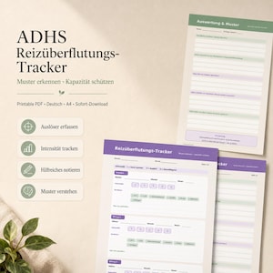 May include: A printable ADHD sensory overload tracker PDF featuring a title, bulleted feature list, and multiple pages with fields for date, time, duration, intensity, and triggers. The design uses a color palette of soft green and purple accents.