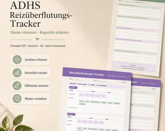 May include: A printable ADHD sensory overload tracker PDF featuring a title, bulleted feature list, and multiple pages with fields for date, time, duration, intensity, and triggers. The design uses a color palette of soft green and purple accents.