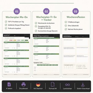 May include: Digital download of a weekly planner with sections for daily priorities, time blocks, and energy tracking. The planner includes sections for reflection and is available in A4 format. The text says "What do you get?" and "Digital Download - Available Now".
