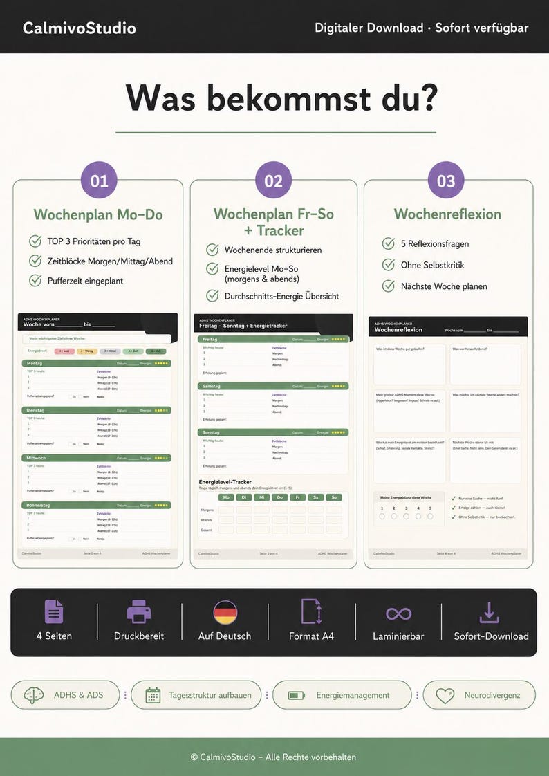 May include: Digital download of a weekly planner with sections for daily priorities, time blocks, and energy tracking. The planner includes sections for reflection and is available in A4 format. The text says "What do you get?" and "Digital Download - Available Now".