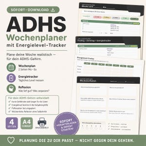 May include: A digital download of an ADHD weekly planner with an energy level tracker. The planner includes sections for weekly planning, energy tracking, and reflection. The design is in shades of green and white, with the text "ADHS Wochenplaner" prominently displayed.