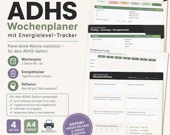 May include: A digital download of an ADHD weekly planner with an energy level tracker. The planner includes sections for weekly planning, energy tracking, and reflection. The design is in shades of green and white, with the text "ADHS Wochenplaner" prominently displayed.