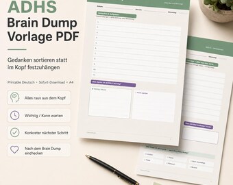 May include: A printable A4 PDF brain dump template in German with a green header, featuring sections for thoughts, tasks, and priorities. The document includes lines for writing, checkboxes, and a black pen resting on the paper surface.