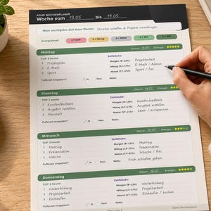 May include: A weekly planner with the text "ADHS WOCHENPLANER" and dates from 13.05 to 19.05. The planner is open on a wooden table, with a hand holding a pen, writing on the page. A small plant and a dish with paper clips are also visible.