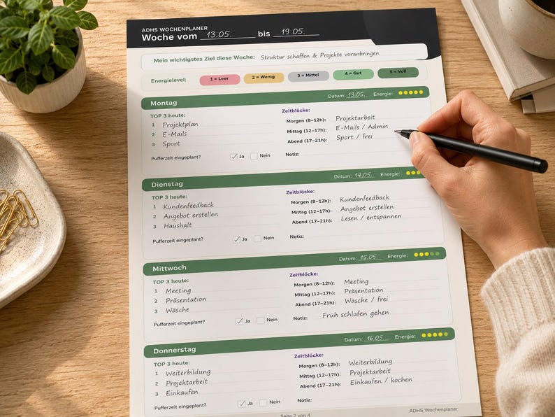 May include: A weekly planner with the text "ADHS WOCHENPLANER" and dates from 13.05 to 19.05. The planner is open on a wooden table, with a hand holding a pen, writing on the page. A small plant and a dish with paper clips are also visible.