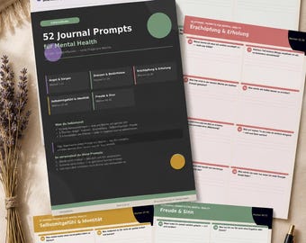 May include: A collection of journal prompts for mental health, featuring prompts on topics like anxiety, boundaries, and self-esteem. The prompts are printed on colorful cards with a pen and dried flowers in the background.