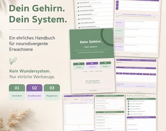 May include: A digital workbook for neurodivergent adults titled Dein Gehirn. Dein System. The set includes multiple A4 pages with sections for planning, structuring, and regulating, featuring green and purple accents, text in German, and 3 modules.