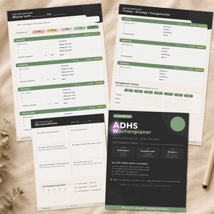 May include: Four sheets of paper with text and a pen. The sheets include a weekly planner, an energy tracker, and a reflection sheet. The text is in German. The planner has green and black accents.