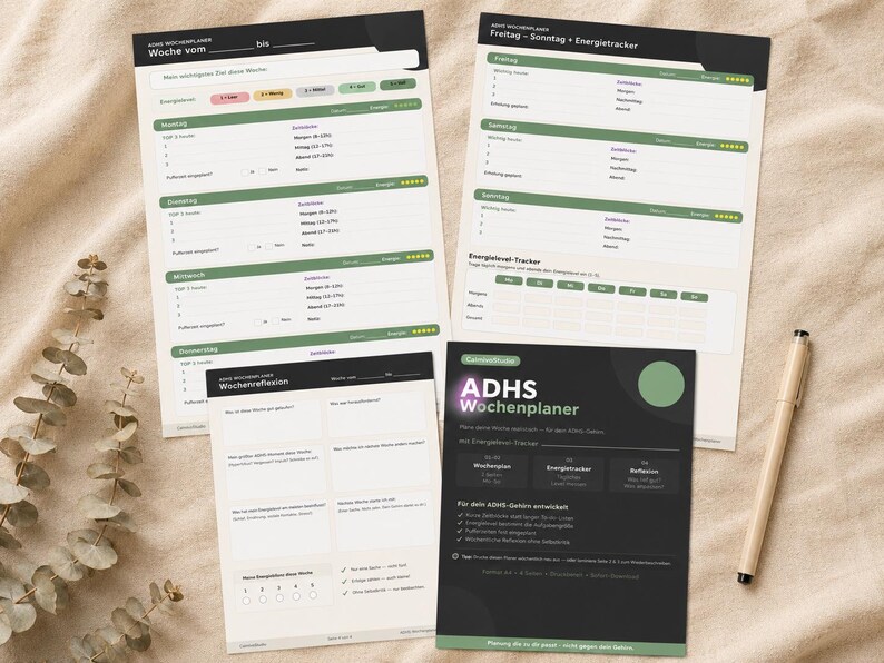 May include: Four sheets of paper with text and a pen. The sheets include a weekly planner, an energy tracker, and a reflection sheet. The text is in German. The planner has green and black accents.