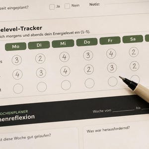 May include: A close-up of a printed weekly energy level tracker with the days of the week across the top. The tracker includes morning, evening, and total energy levels. A pen is resting on the paper, ready to fill in the circles.