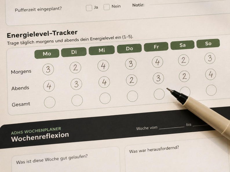 May include: A close-up of a printed weekly energy level tracker with the days of the week across the top. The tracker includes morning, evening, and total energy levels. A pen is resting on the paper, ready to fill in the circles.
