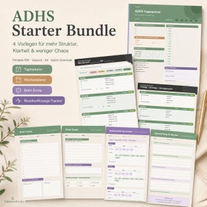 Könnte beinhalten: ADHS Starter Bundle als druckbares PDF-Set mit Tagesplaner, Wochenplaner, Brain Dump und Reizüberflutungs-Tracker. Die Vorlagen enthalten grüne, braune und violette Kopfzeilen mit strukturierten Bereichen für Organisation und Aufgabenverwaltung.