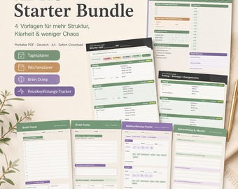 May include: ADHS Starter Bundle printable PDF set featuring a daily planner, weekly planner, brain dump, and sensory overload tracker. The documents include green, brown, and purple headers with structured sections for organization and task management.