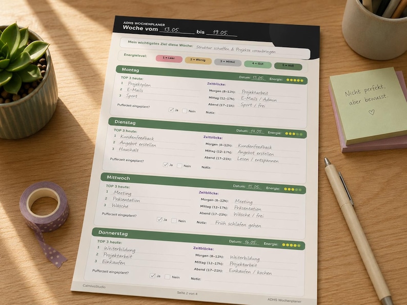 May include: A weekly planner with a black and green header, featuring sections for each day of the week. The planner includes space for tasks, time blocks, and notes. A succulent plant, pen, and sticky notes are also on the wooden desk.