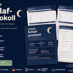 Könnte beinhalten: Ein dunkelblauer digitaler Schlaftracker mit dem Text "Schlafprotokoll" und einer Halbmondgrafik. Der Tracker soll Benutzern helfen, ihre Schlafmuster zu analysieren und zu verbessern. Enthält 4 Seiten, A4-Format.