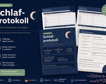 May include: A dark blue digital sleep tracker with the text "Schlafprotokoll" and a crescent moon graphic. The tracker is designed to help users analyze and improve their sleep patterns. Includes 4 pages, A4 format.