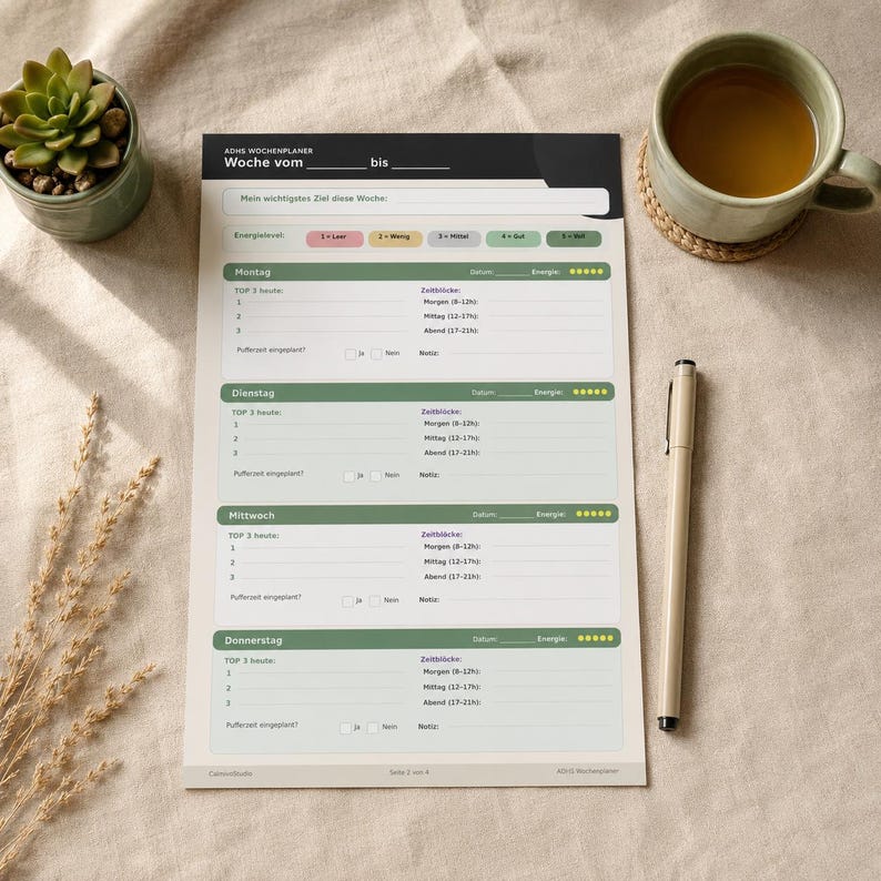 May include: A weekly planner with German text, a cup of tea, a pen, and a small potted succulent. The planner has sections for each day of the week, with space for notes and time blocks. The planner is on a beige surface.