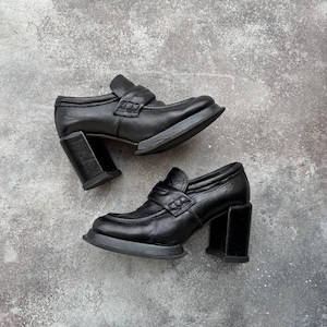 AS 98 Vintage Gothic Y2K Black Leather Platform Heel Boots Chunky Square Toe