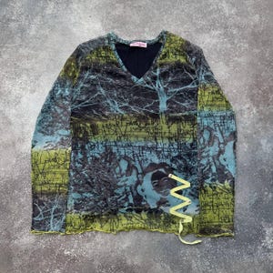Y2K Abstract Facec Print Vintage Mesh Long Sleeve Top
