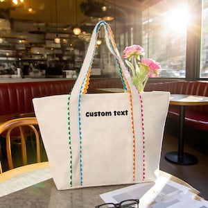 Personalized Embroidered Tote Bag: Rainbow Straps, Custom Name Gift