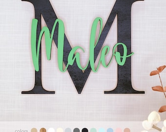 Placa de madeira personalizada com nome e letra, decoração de parede para quarto infantil, presente de nascimento, batizado, individual LN05