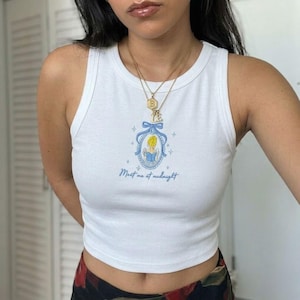 Meet Me At Midnight Embroidered Tank Top, Cinderella Coquette Ribbed Crop Top, Soft Girl Aesthetic Disney Embroidery, Cinderella Midnight