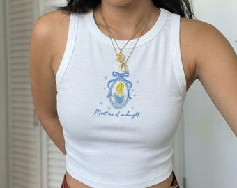 Meet Me At Midnight Embroidered Tank Top, Cinderella Coquette Ribbed Crop Top, Soft Girl Aesthetic Disney Embroidery, Cinderella Midnight