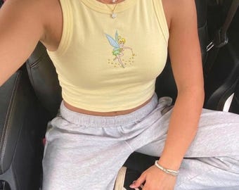 Camiseta sin mangas bordada de Campanilla, top corto acanalado estético, camisa bordada de Pixie Dust Magic, chaleco de hada Y2K adorable, regalo Disney Bound
