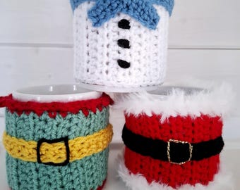 Christmas Mug Cozies Crochet Pattern: Santa, Snowman, Elf (PDF Pattern)