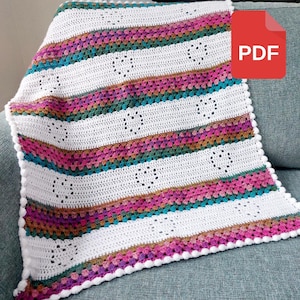 Love Heart Striped Baby Blanket Crochet Pattern, Pram Blanket Pattern, Crochet Heart Blanket, Heart Crochet Pattern, Easy Crochet Pattern
