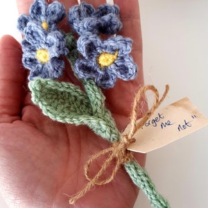 May include: A crocheted bouquet of forget-me-not flowers with green leaves and a tag that says "Forget me not".