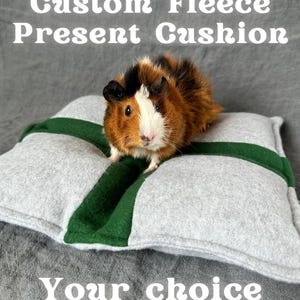 Peut inclure: Un cochon d'Inde est posé sur un coussin cadeau en polaire personnalisé. Le coussin est gris avec un motif en croix vert. Le texte indique "Custom Fleece Present Cushion" et "Your choice of colours!" Le logo "The Piggy Patch" est en haut à droite.