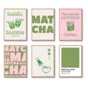 May include: Six framed art prints with a matcha theme. The prints feature text like "MATCHA MORNINGS" and "Too much MATCHA? Never." Other prints show matcha preparation tools and a colour swatch labelled "MATCHA LATTE 25-1111 TEA Green Fuel."
