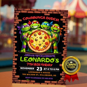 Ninja Turtles Birthday Invitation – Editable Canva Template for Ninjas Turtle Party. Digital or Printable Cowabunga Invite Card