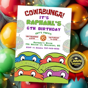 Ninja Turtles Invitation – Editable Canva Template for Ninjas Turtle Birthday Party. Digital or Printable Cowabunga Invite Card