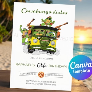 Ninja Turtles Birthday Invitation – Editable Canva Template for Ninjas Turtle Party. Digital or Printable Cowabunga Invite Card
