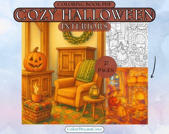 May include: A digital PDF colouring book titled "Cozy Halloween Interiors" with 27 pages. The image shows a cosy interior scene with a carved pumpkin, armchair, and a woman knitting by a fireplace. The colour palette is warm with orange, brown, and green hues.