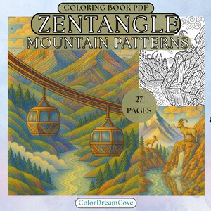 May include: A digital coloring book PDF titled "Zentangle Mountain Patterns" with 27 pages. The cover art features a vibrant illustration of a mountain landscape with cable cars, a river, and a waterfall. The color palette includes shades of yellow, green, and blue.