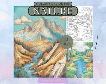 May include: A digital PDF colouring book titled "NATURE" with 42 pages. The cover shows a watercolour illustration of a mountain range, river, and trees. The image includes a black and white line drawing of a river scene.