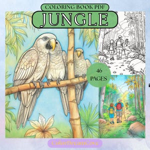 Puede incluir: Un libro para colorear digital en PDF titulado "Jungle" con ilustraciones de loros posados en una rama y escenas de personas caminando en una jungla. La portada incluye el texto "COLORING BOOK PDF" y "46 PAGES".
