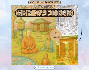 Kleurboek Japanse zentuinen voor volwassenen – vreedzame tempels, koivijvers en meditatieve natuurtaferelen, pdf (25 pagina's, 8,5 x 11 inch)