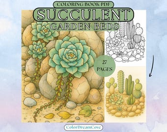 Målarbok för suckulenta trädgårdsbäddar i PDF-format – Realistiska ökenväxter och botaniska trädgårdsscener (27 sidor)