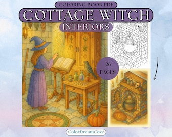 May include: A digital coloring book PDF titled "Cottage Witch Interiors" with 26 pages. The image features a witch in a blue dress and hat, reading a book. Additional images show a cauldron, fireplace, and a pumpkin.
